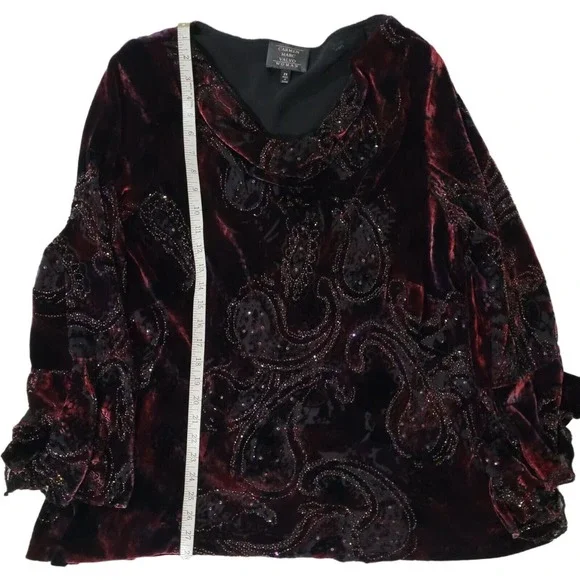 Carmen Marc Valvo Size 2x Bell Sleeve Cowl Neck Paisley Velvet Top Blouse Gothic - Picture 7 of 12